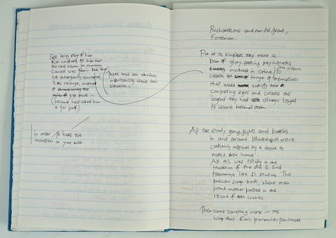 (Pearson, John - Ms. Notebook, The Kray Twins) a med. octavo cloth bound ruled notebk of approx. 120 used pages; apparently compiled for the author's third (& final) book on this subject - 'Notorious: the immortal legend
